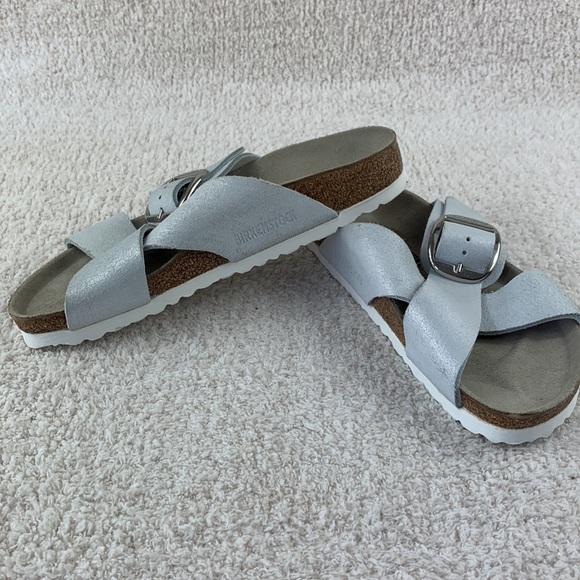 Birkenstock Siena Big Buckle Washed Metallic White Suede Leather 38 Eur - Picture 5 of 9